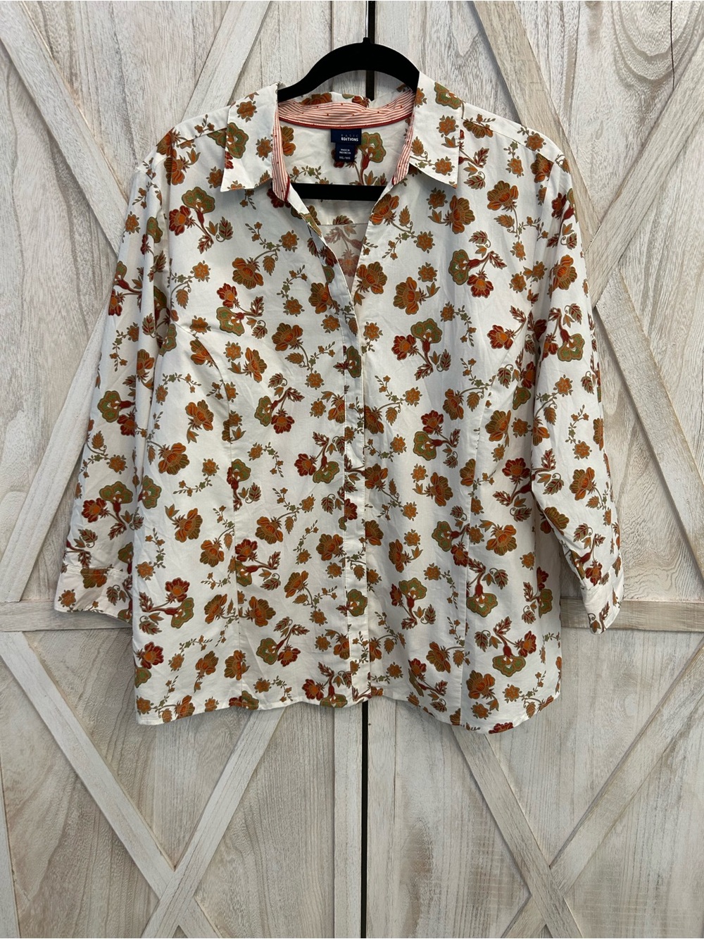 Basic Editions Cream Button-Down Shirt with Rust & Olive Floral Print